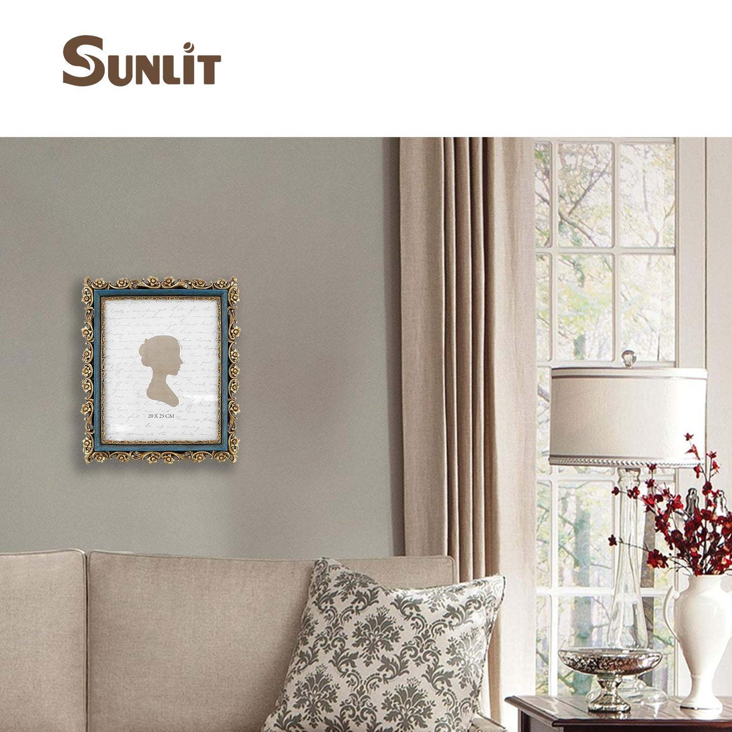 Sunlit Vintage Picture Frame 4x6 Inch, Luxury Antique Photo Frames with Glass Front, Photo Display, Tabletop Wall Hanging, Gift Ideas, Retro Blue and Gold