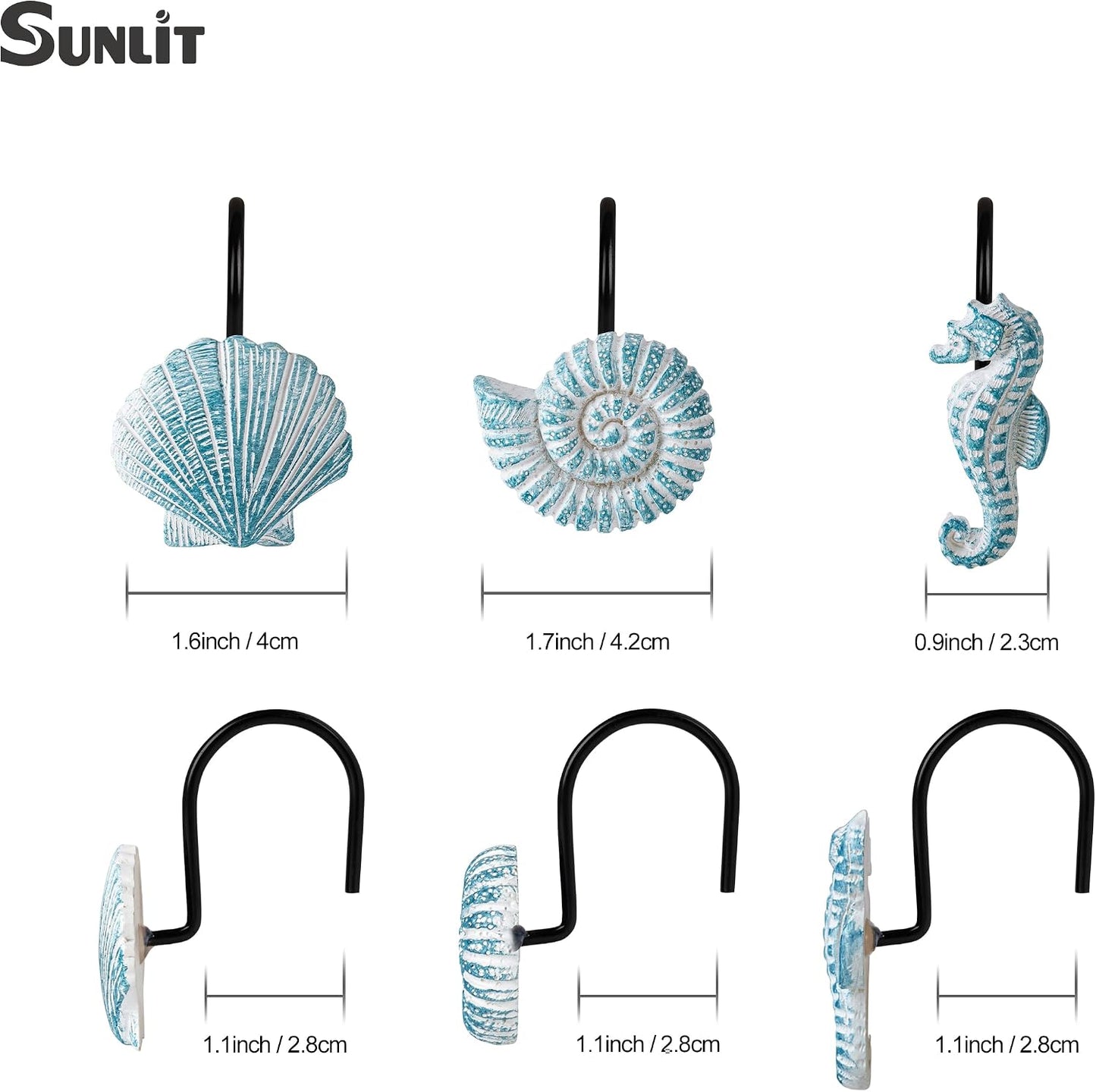Sunlit Seashells Decorative Shower Curtain Hooks, Aqua Blue Ocean Creatures Coastal Shower Curtain Rings with Black Hooks, Resin, Nautical Bathroom Decoration Beach Shower Curtain Hooks, Set of 12