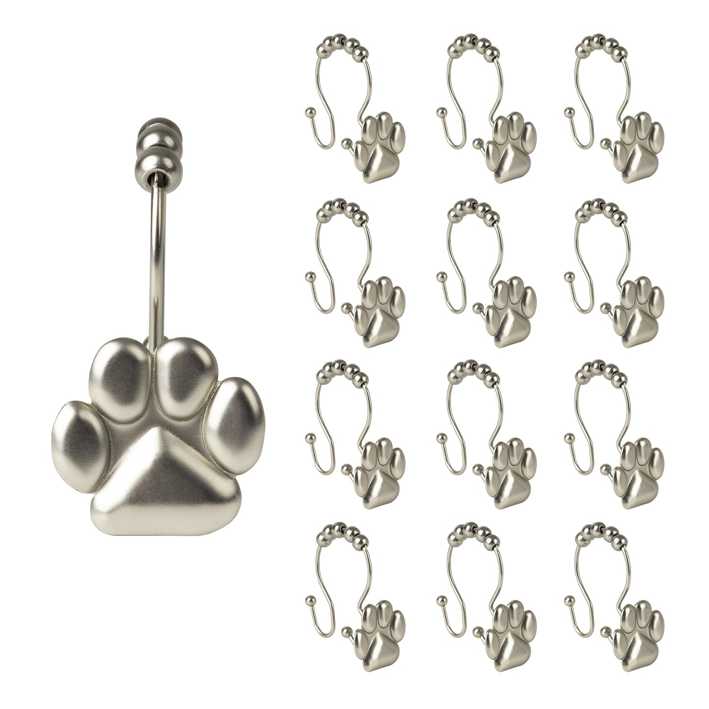 Sunlit Fashion Design Cute Paw Print Polished Double Shower Curtain Hooks for Dog Cat and Bear, Rust Proof Oil Rubbed Metal Shower Curtain Rings-12 Pack