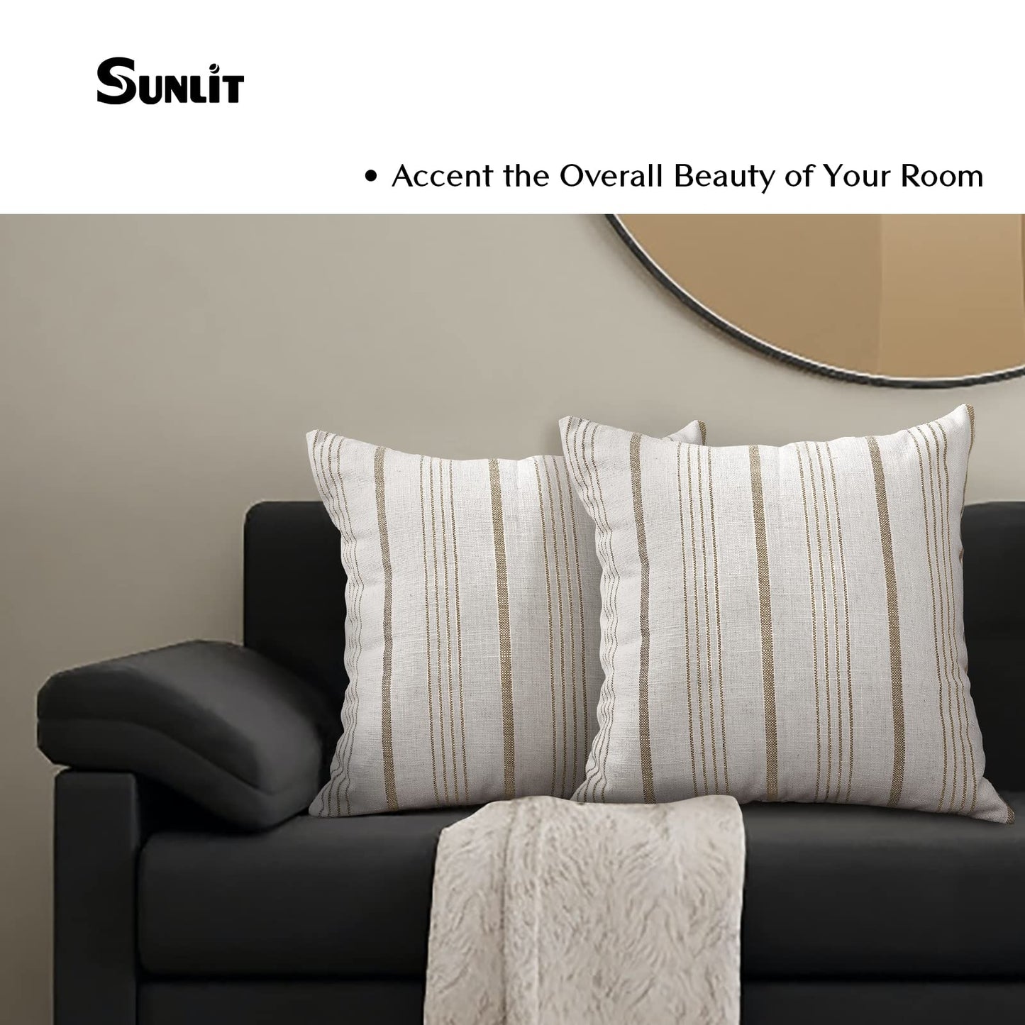Sunlit Decorative Farmhouse Throw Pillow Case, Set of 2 Cream/Off-White with Black Stripes Modern Accent Square Pillow Cover, 22" x 22", Textured Linen Throw Cushion Covers for Couch Chair Bedroom