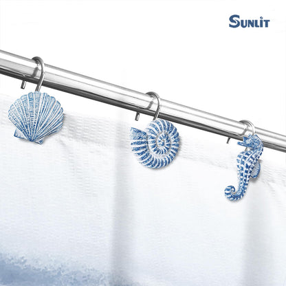 Sunlit Seashells Decorative Shower Curtain Hooks, Blue Ocean Creatures Coastal Shower Curtain Rings with Black Hooks, Resin, Nautical Bathroom Decoration Beach Shower Curtain Hooks, Set of 12