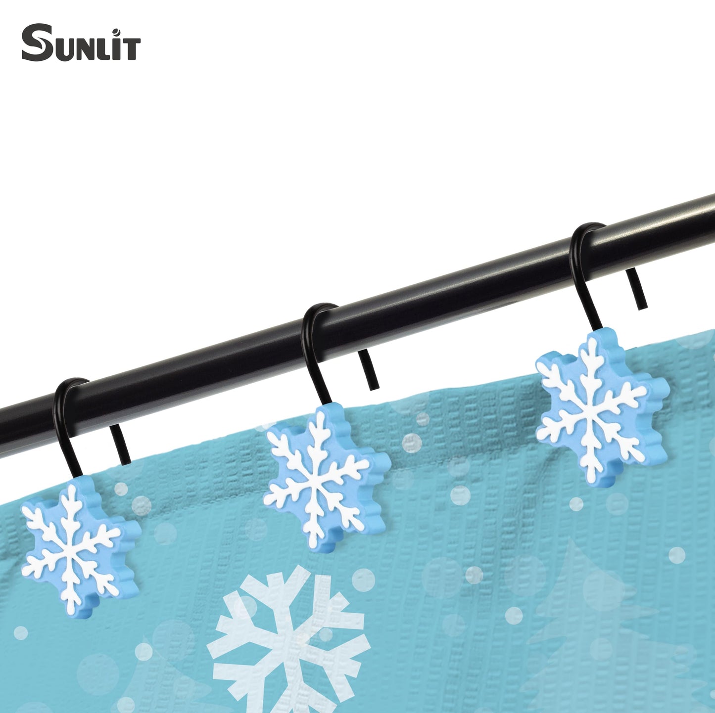 Sunlit Christmas Shower Curtain Hooks Silver Snowflakes Shower Curtain Rings, Resin, White Christmas Decor, Winter Bathroom Decoration - 12 Pack