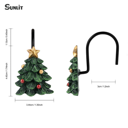 Sunlit Christmas Tree Decorative Shower Curtain Hooks with Star, Green Shower Curtain Rings, Resin, Xmas Theme Winter Holiday Bathroom Decoration, Set of 12