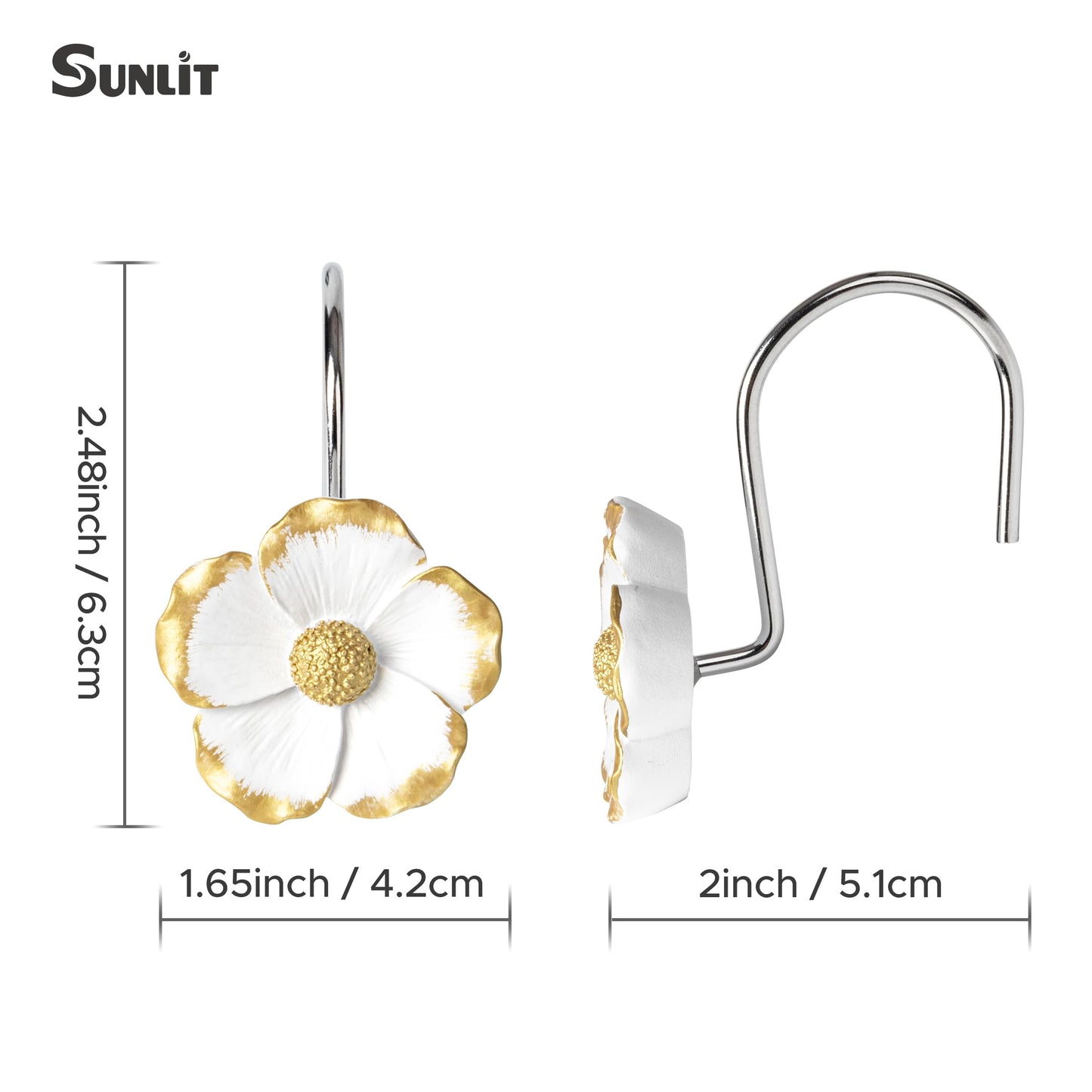 Sunlit Flower Shower Curtain Hooks, Home Decorative Shower Curtain Rings for Bathroom, Resin, White with Gold Edges Floral Shower Curtain Hanger Hooks for Living Room, Set of 12