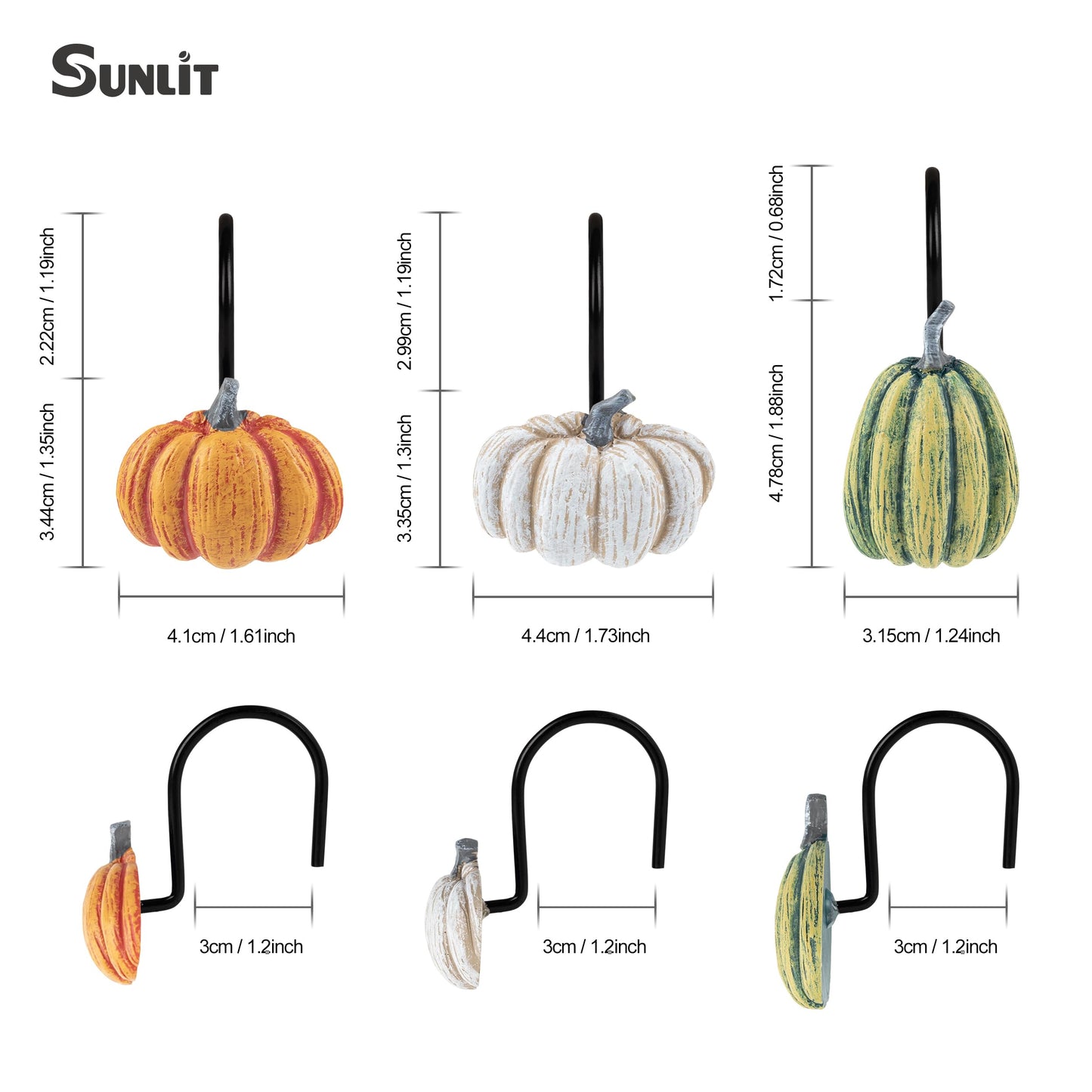 Sunlit Fall Pumpkin Decorative Shower Curtain Hooks, Autumn Harvest Festival Shower Curtain Rings, Resin, Orange Farmhouse Bathroom Curtain Hangers Decoration, Set of 12