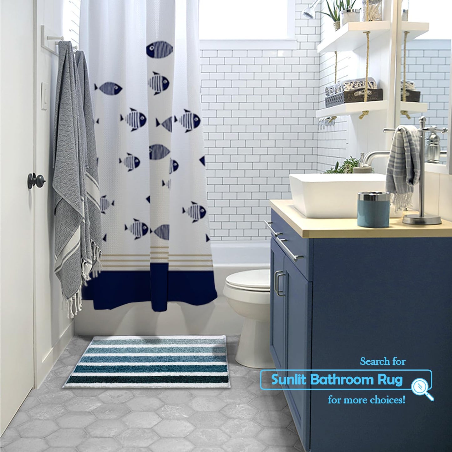 Sunlit 17"x24" Ombre Blue Bathroom Rug Non-Slip Absorbent Soft Bath Mat Set, Floor Mat Dry Fast Machine Washable.