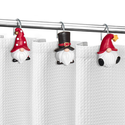 Sunlit Christmas Shower Curtain Hooks, Gnome Shower Curtain Rings, Hand Painted Resin Christmas Decor, Winter Bathroom Decoration, Red Hat with White Polka Dot, Set of 12