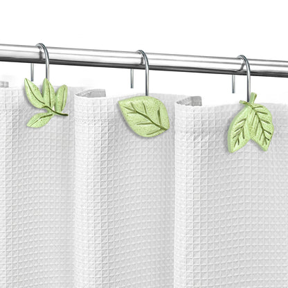 Light Green Plant Leaves Decorative Shower Curtain Hooks, Tropical Botanical Plam Tree Leaf Shower Curtain Rings for Bathroom, Resin, Cute Shower Curtain Hanger Hooks Bathroom Decor, Set of 12