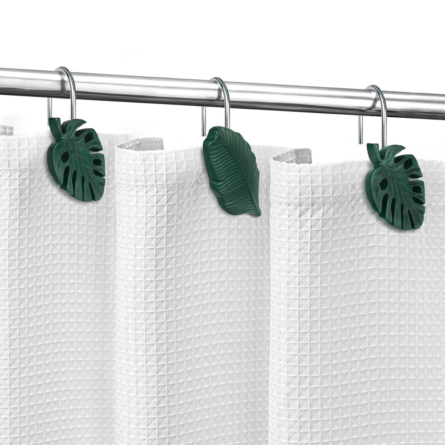 Tropical Leaf Decorative Shower Curtain Hooks Green Botanical Shower Curtain Rings, Resin, Monstera Deliciosa Leaves Shower Curtain Hangers for Bathroom, Set of 12