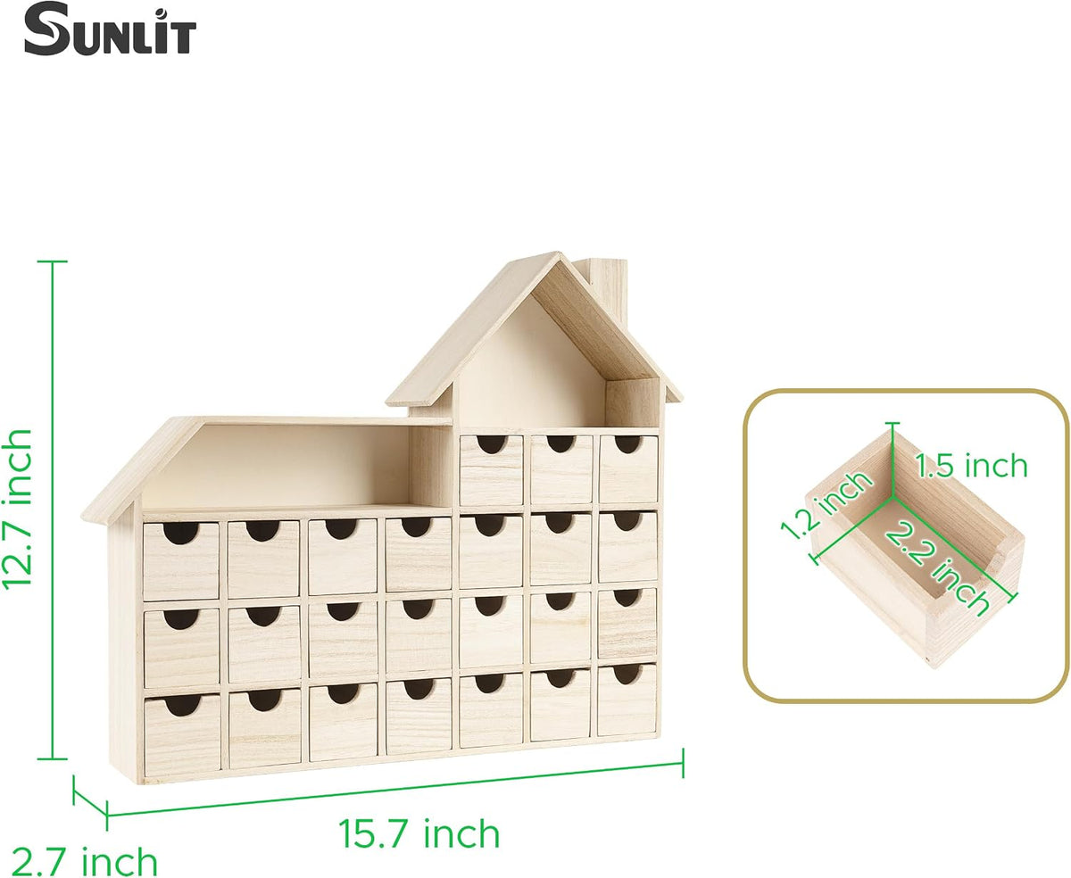 Sunlit Christmas Wooden Advent Calendar with Drawers, Unfinished Wooden, Chalet Shaped Countdown Calendar Ready to Decorate and Personalize | Craft Storage Box | DIY Guru and Crafters