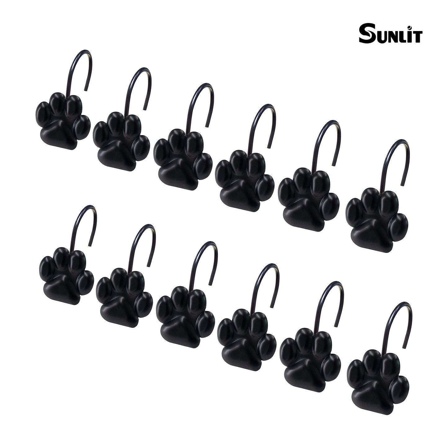 Sunlit Fashion Design Cute Paw Print Polished Double Shower Curtain Hooks for Dog Cat and Bear, Rust Proof Oil Rubbed Metal Shower Curtain Rings-12 Pack