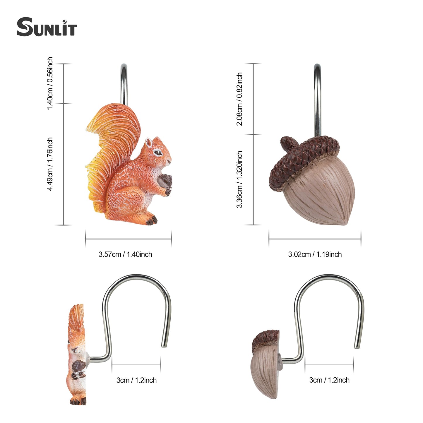 Sunlit Fall Autumn Decorative Shower Curtain Hooks, Squirrel Acorn Shower Curtain Rings, Resin, Orange Brown Cute Bathroom Curtain Hangers Decoration, Set of 12