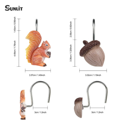 Sunlit Fall Autumn Decorative Shower Curtain Hooks, Squirrel Acorn Shower Curtain Rings, Resin, Orange Brown Cute Bathroom Curtain Hangers Decoration, Set of 12