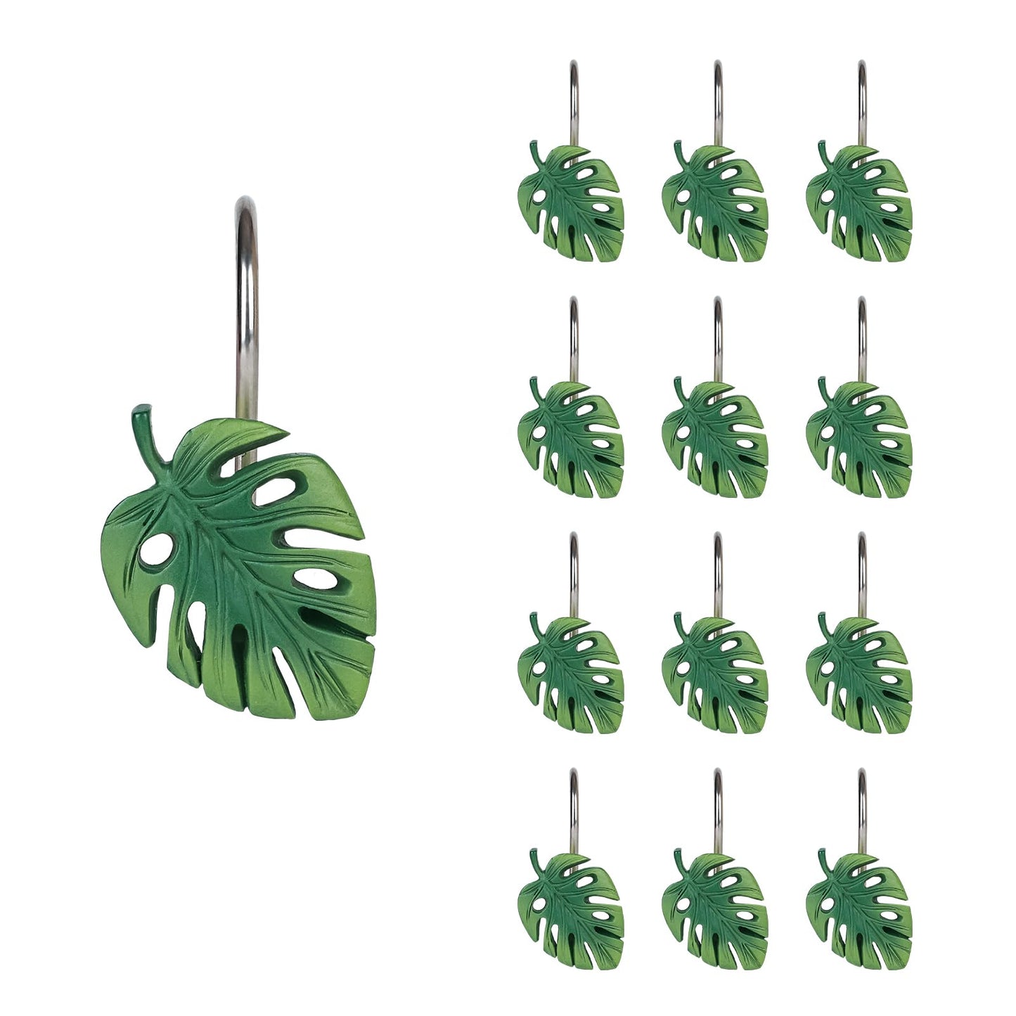Tropical Leaf Decorative Shower Curtain Hooks, Green Botanical Shower Curtain Rings with Black Hooks, Resin, Monstera Deliciosa Leaves Shower Curtain Hangers for Bathroom, Set of 12