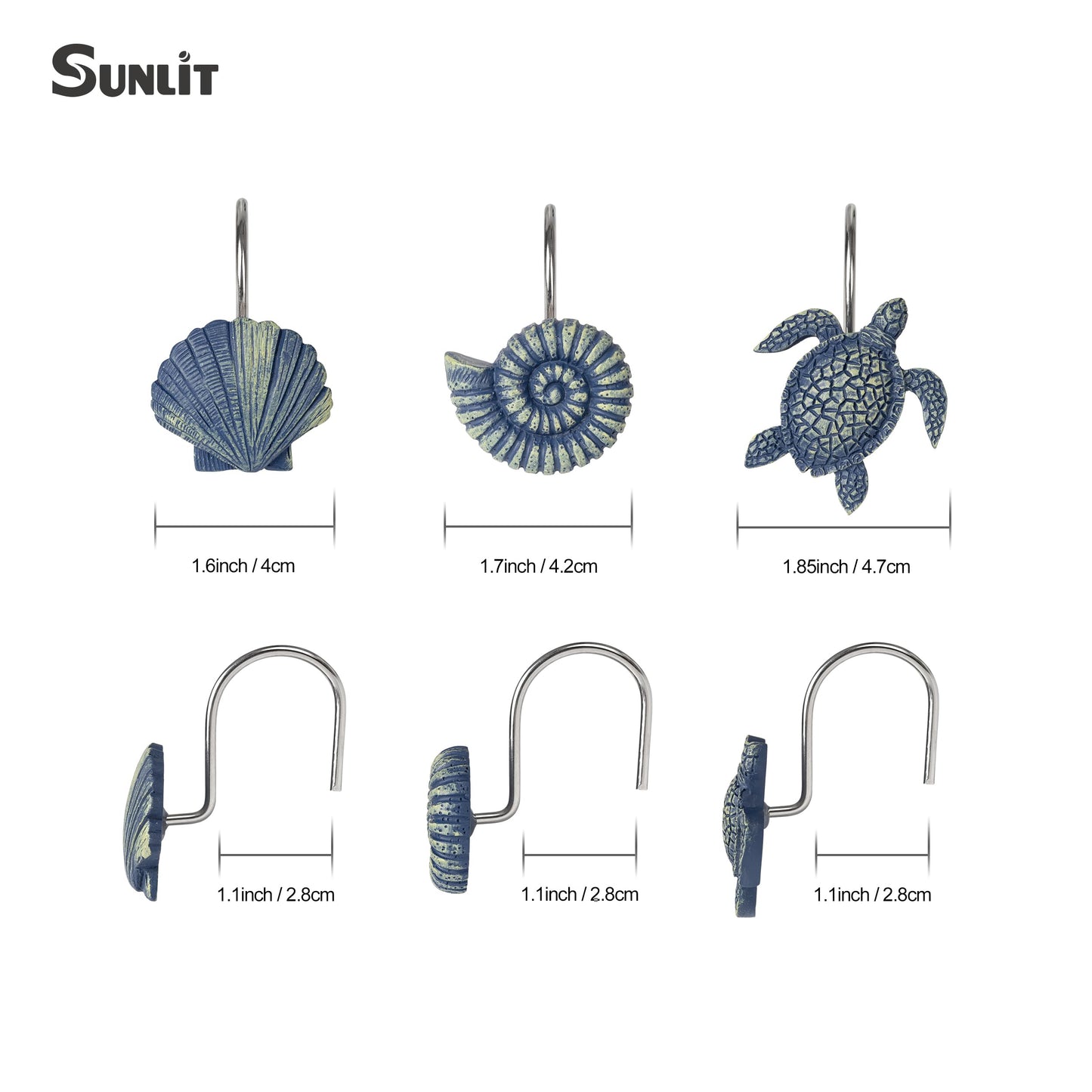 Sunlit Seashells Decorative Shower Curtain Hooks, Blue Scallop Nautilus & Sea Turtle Shower Curtain Rings, Resin, Nautical Bathroom Decoration Beach Shower Curtain Hooks-12 Pack