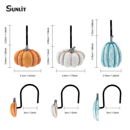 Sunlit Fall Pumpkin Decorative Shower Curtain Hooks, Autumn Harvest Festival Shower Curtain Rings, Resin Farmhouse Bathroom Curtain Hangers Decoration, Set of 12, Orange Blue White