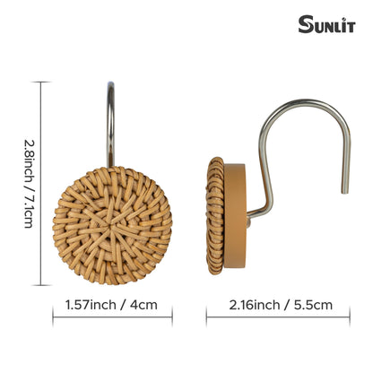 Sunlit Boho Decorative Shower Curtain Hooks, Woven Wicker Ratten Beige Shower Curtain Rings for Bathroom, Farmhouse Shower Curtain Hangers Bathroom Accessories, Set of 12