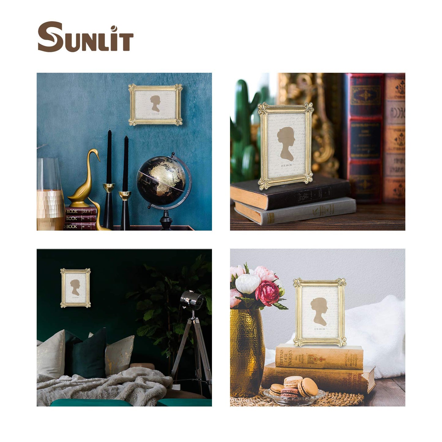 Sunlit Small Vintage Picture Frame 2.5x3.5 Inch, Antique Mini Photo Frames with Glass Front, Luxury Wallet Size Picture Frames, Photo Display Tabletop Wall Hanging Gift Ideas, Slivery Light Gold
