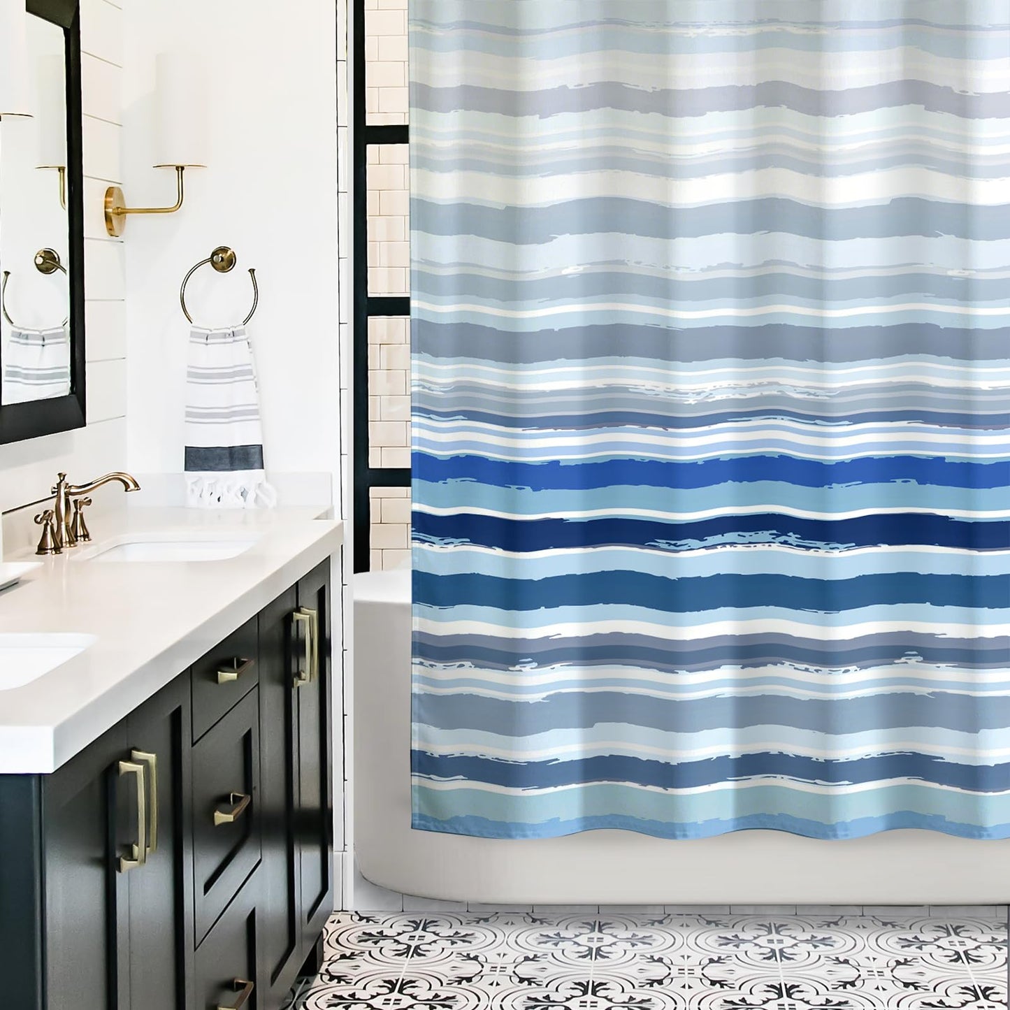 Sunlit Sunset Ombre Striped Shower Curtain, Blue and Orange Textured Slubbed Fabric Shower Curtain for Bathroom Decoration, Gradient Stripe Bathroom Curtain, 72x72