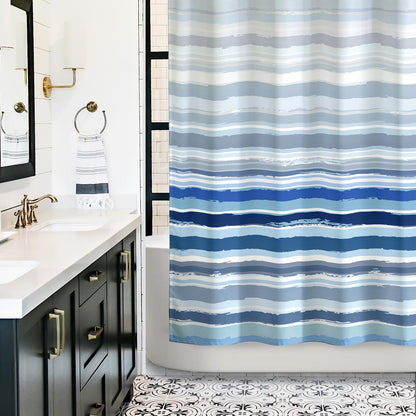 Sunlit Sunset Ombre Striped Shower Curtain, Blue and Orange Textured Slubbed Fabric Shower Curtain for Bathroom Decoration, Gradient Stripe Bathroom Curtain, 72x72