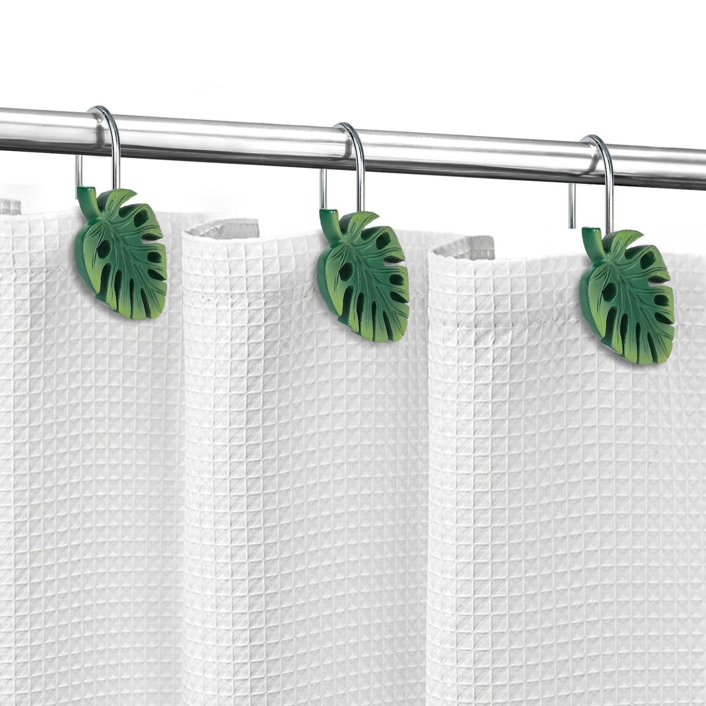 Tropical Leaf Decorative Shower Curtain Hooks Green Botanical Shower Curtain Rings, Resin, Monstera Deliciosa Leaves Shower Curtain Hangers for Bathroom, Set of 12