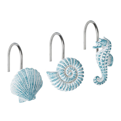 Sunlit Seashells Decorative Shower Curtain Hooks, Aqua Blue Ocean Creatures Coastal Shower Curtain Rings with Black Hooks, Resin, Nautical Bathroom Decoration Beach Shower Curtain Hooks, Set of 12