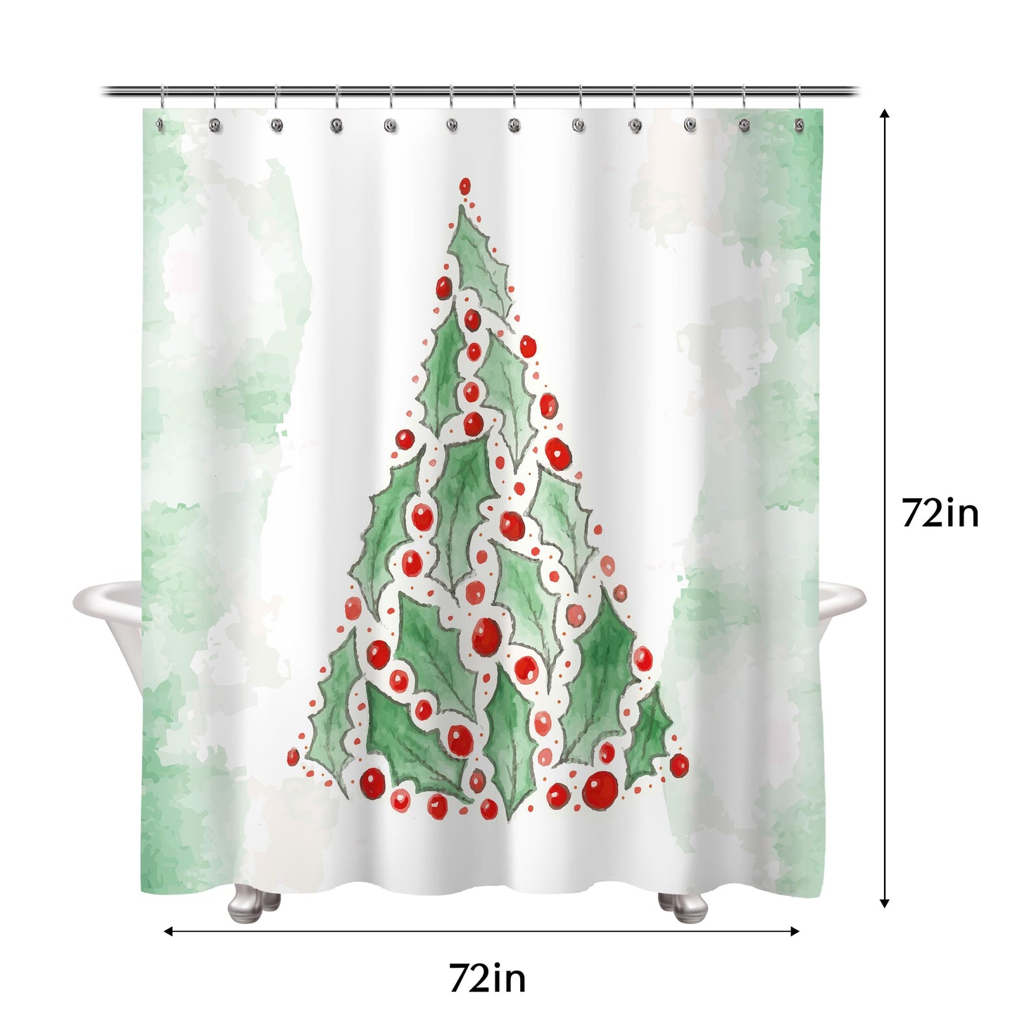 Sunlit Christmas Shower Curtain, Green Xmas Pine Tree with Red Star Ornament Holiday Floral Holly Berries Decorations Festive Bathroom Fabric Shower Curtain, Home Decor Tapestry, 72" x 72"