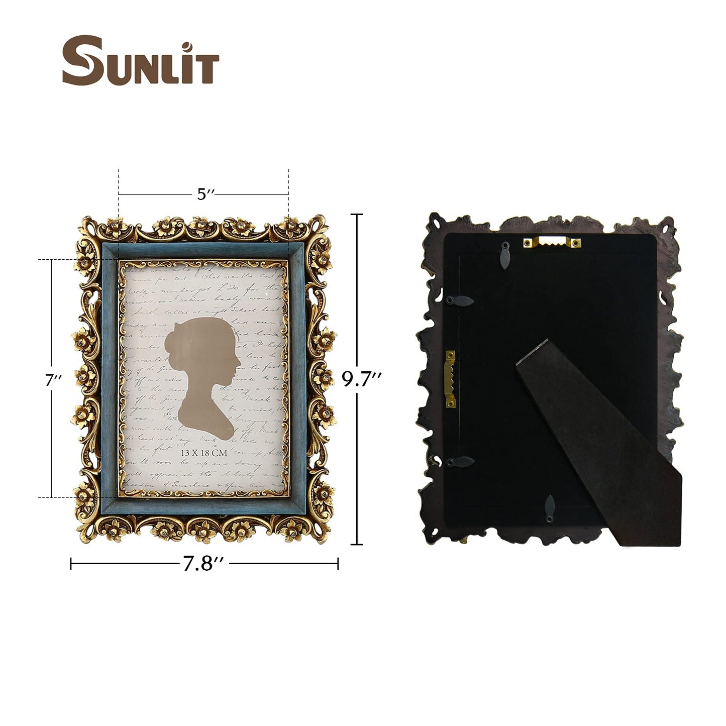 Sunlit Vintage Picture Frame 4x6 Inch, Luxury Antique Photo Frames with Glass Front, Photo Display, Tabletop Wall Hanging, Gift Ideas, Retro Blue and Gold