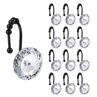 Sunlit Luxury Design Round Clear Diamond Crystal Gem Bling with Glide Balls Double Shower Curtain Hooks, Rust Proof Metal Rhinestones Glam Shower Curtain Rings-12 Pack