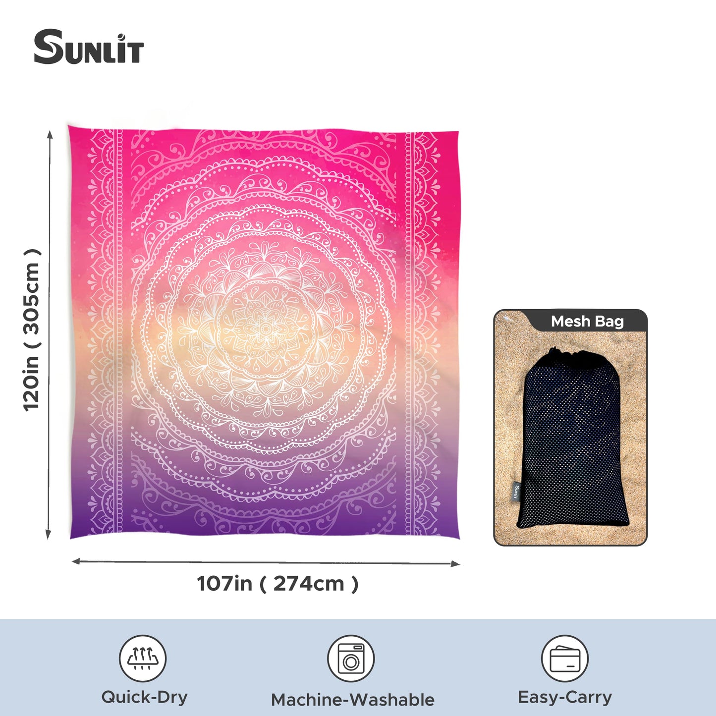 Sunlit Silky Soft Sand Proof Beach Blanket 106"x81" / 85"x72" Sand Proof Mat with Corner Pockets and Mesh Bag for Beach Party, Travel, Camping and Outdoor Music Festival, Mandala