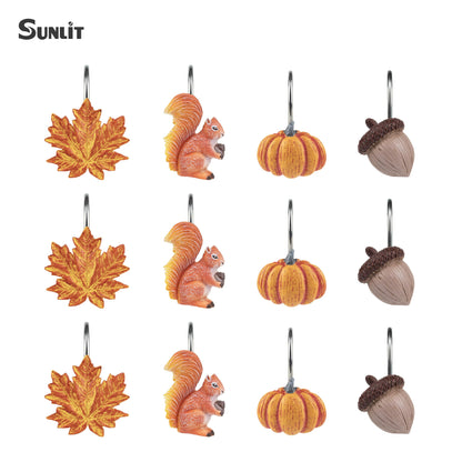 Sunlit Fall Autumn Decorative Shower Curtain Hooks, Squirrel Acorn Shower Curtain Rings, Resin, Orange Brown Cute Bathroom Curtain Hangers Decoration, Set of 12
