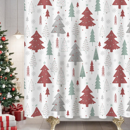 Sunlit Christmas Shower Curtain, Red and Gray Xmas Trees with Stars and Snow Pattern Shower Curtain for Bathroom Decor, 71x71 Inch