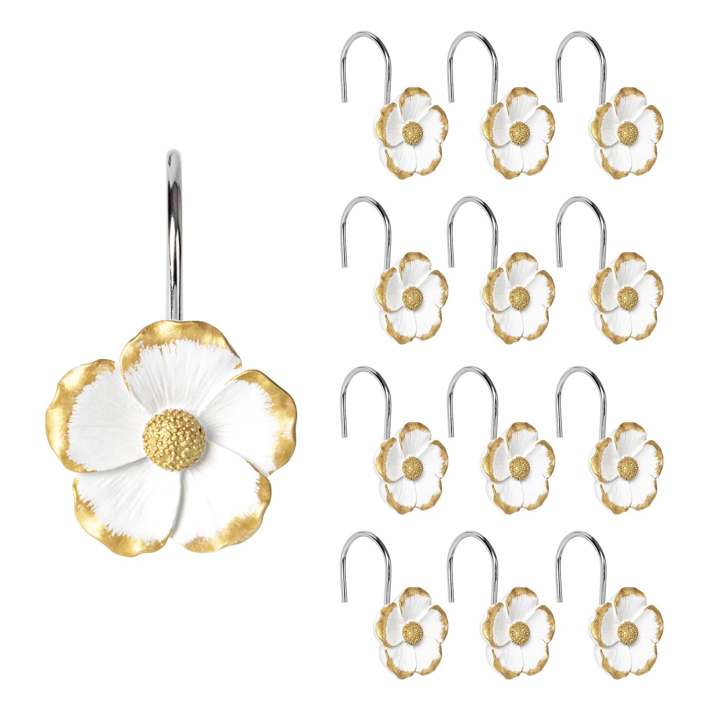 Sunlit Flower Shower Curtain Hooks, Home Decorative Shower Curtain Rings for Bathroom, Resin, White with Gold Edges Floral Shower Curtain Hanger Hooks for Living Room, Set of 12