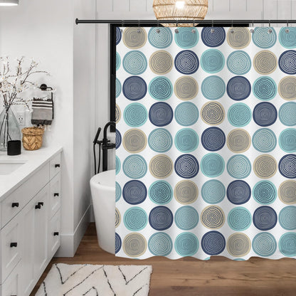 Sunlit Abstract Tree Rings Woody Artistic Fabric Shower Curtain. Nature Pale Blue Teal Beige Light Brown