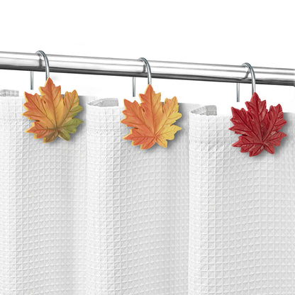 Sunlit Fall Autumn Decorative Shower Curtain Hooks, Pumpkin Maple Leaf Squirrel Acorn Shower Curtain Rings with Black Hooks, Resin, Orange Leaves Cute Bathroom Curtain Hangers Decoration, Set of 12