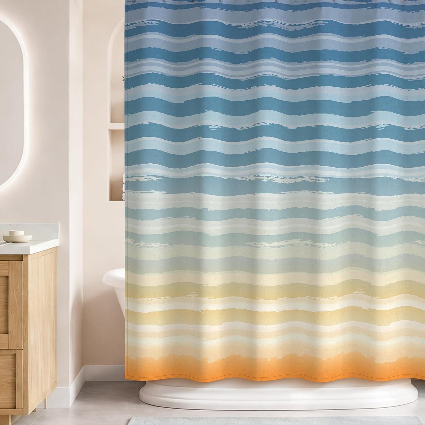 Sunlit Sunset Ombre Striped Shower Curtain, Blue and Orange Textured Slubbed Fabric Shower Curtain for Bathroom Decoration, Gradient Stripe Bathroom Curtain, 72x72