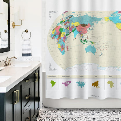 Sunlit Updated World Map Fabric Shower Curtain, Map of The World with Detailed Major Cities Shower Curtains for Kids, Geography Educational Bathroom Curtain, Large Home Decor Wall Map, 71" x 71"