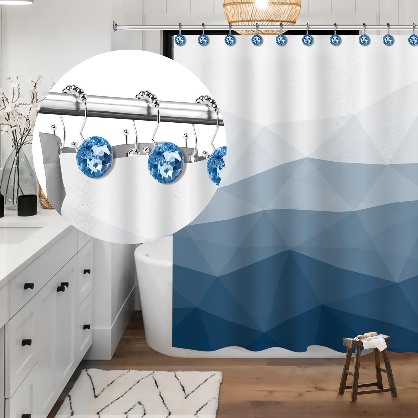 Sunlit Luxury Design Round Yellow Diamond Crystal Gem Bling with Glide Balls Shower Curtain Hooks, Rust Proof Metal Rhinestones Glam Shower Curtain Rings-12 Pack