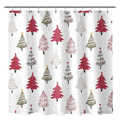 Sunlit Christmas Shower Curtain, Red and Gray Xmas Trees with Stars and Snow Pattern Shower Curtain for Bathroom Decor, 71x71 Inch