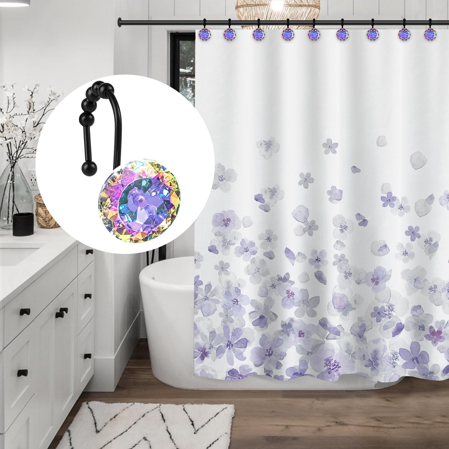 Sunlit Luxury Design Round Clear Diamond Crystal Gem Bling with Glide Balls Double Shower Curtain Hooks, Rust Proof Metal Rhinestones Glam Shower Curtain Rings-12 Pack