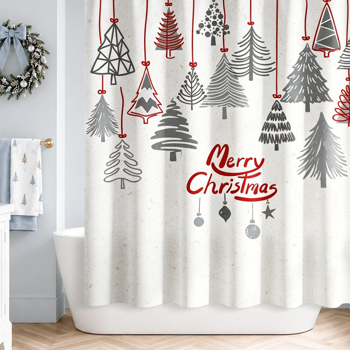 Sunlit Blue Fluorescent Christmas Snowflake Tree with Dark Blue Background Fabric Shower Curtain, Bathroom Home Office Holiday Wall Decoration as Tapestry and Photo Booth Backdrop