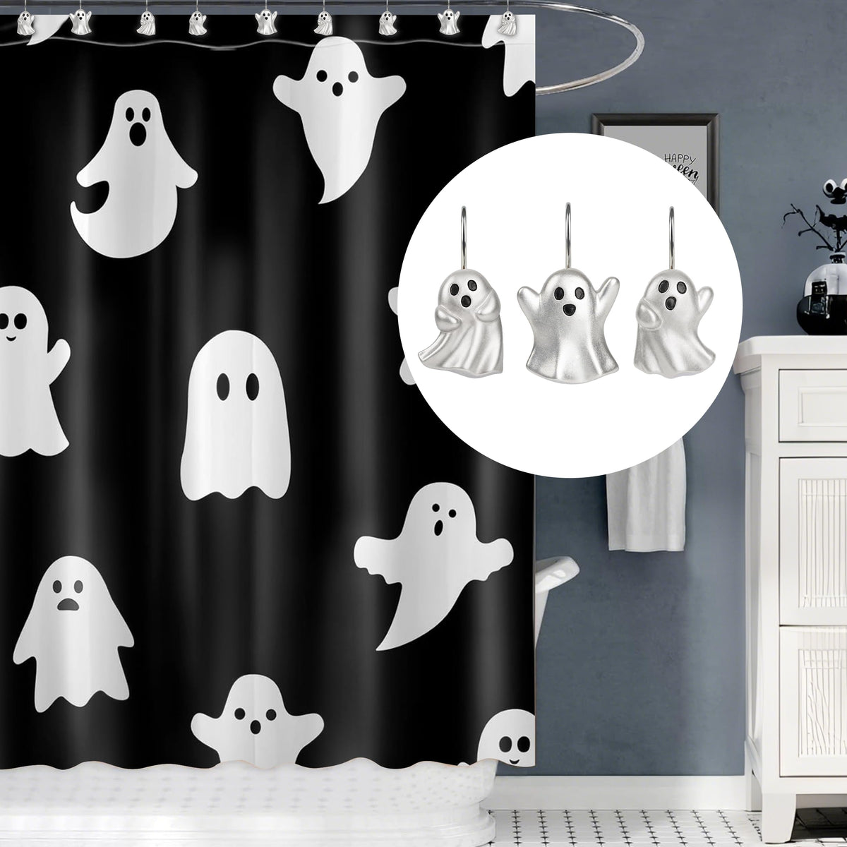 Sunlit Ghost Shower Curtain Hooks, Home Decorative Shower Curtain Rings for Bathroom, Halloween Shower Curtain Hangers Bathroom Accessories, Set of 12, Golden