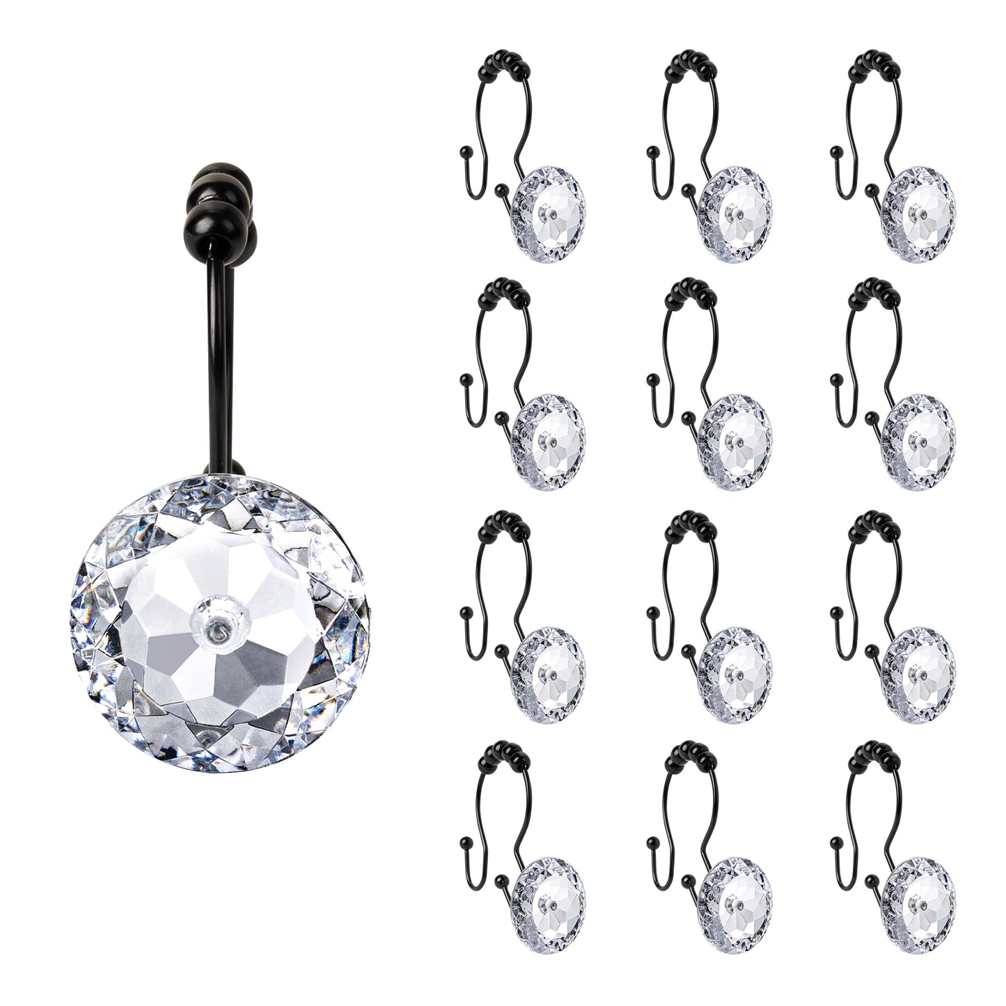 Sunlit Luxury Design Round Yellow Diamond Crystal Gem Bling with Glide Balls Shower Curtain Hooks, Rust Proof Metal Rhinestones Glam Shower Curtain Rings-12 Pack