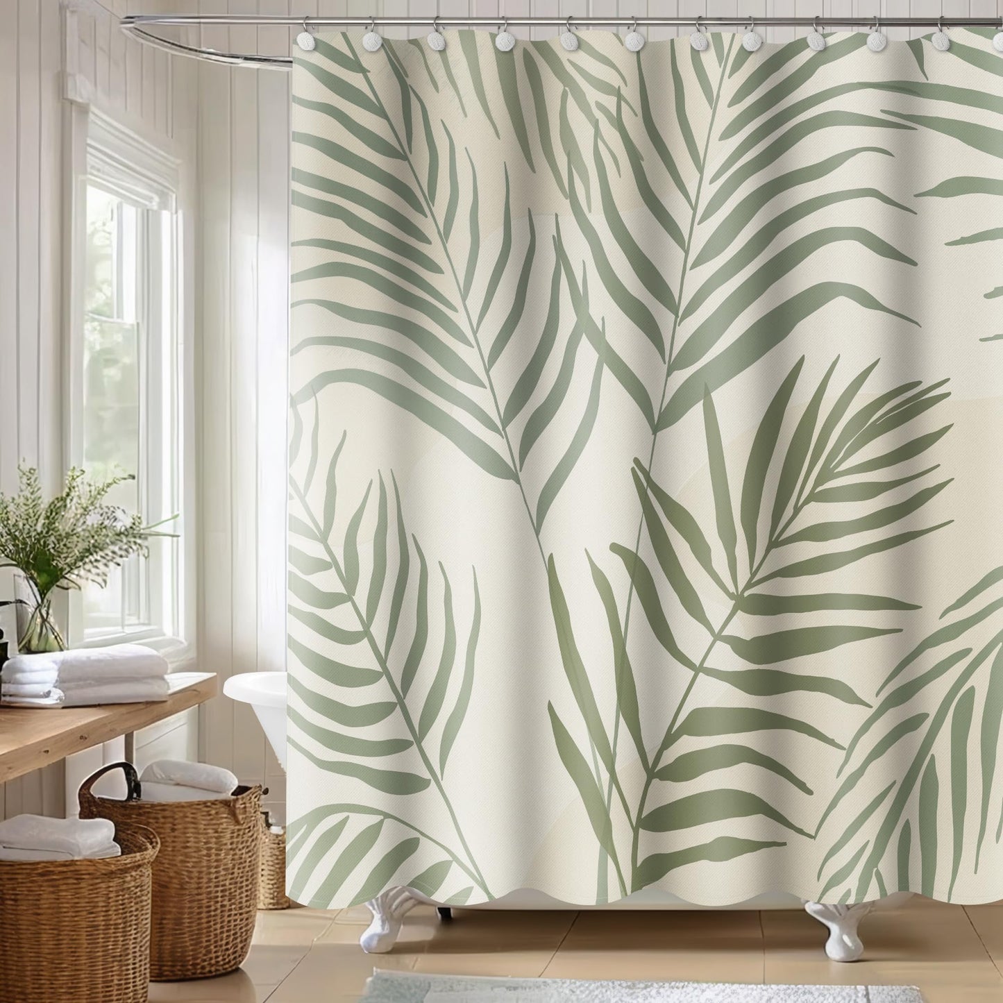 Sunlit Pink Textured Slubbed Fabric Shower Curtain, Mid Century Modern Palm Leaf Shower Curtains for Bathroom Decoration, Boho Botanical Bathroom Curtains, 72x72