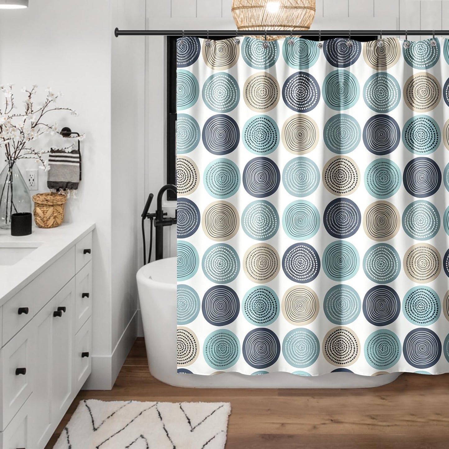 Sunlit Abstract Tree Rings Woody Artistic Small Stall Shower Curtain 36 x 72 Inches RV Half Size Narrow Bathroom Curtains Nature Pale Blue Teal Beige Light Brown Fabric Bathroom Decor