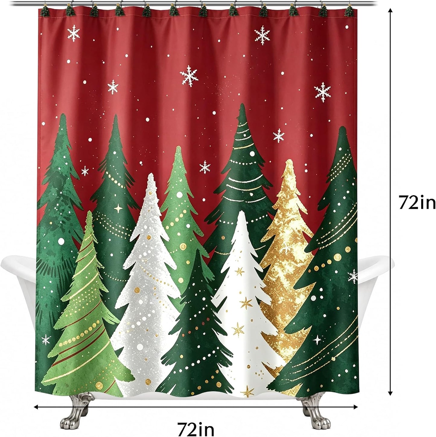 Sunlit Red Christmas Shower Curtain, Christmas Pine Tree with Snowflakes Fabric Shower Curtain, Festive Winter Bathroom Decor, 72" x 72"