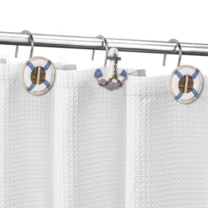 Sunlit Nautical Shower Curtain Hooks, Home Decorative Coastal Shower Curtain Rings for Bathroom, Resin, Ocean Shower Curtain Hanger Hooks for Living Room, Set of 12, Blue Lighthouse Sailboat