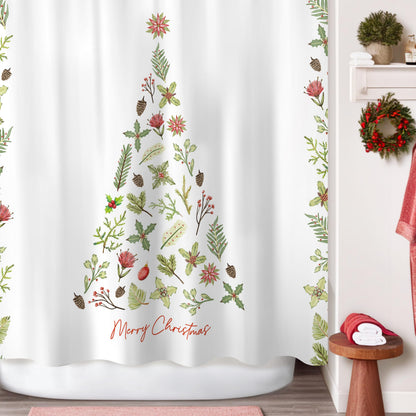 Sunlit Christmas Shower Curtain, Green Xmas Pine Tree with Red Star Ornament Holiday Floral Holly Berries Decorations Festive Bathroom Fabric Shower Curtain, Home Decor Tapestry, 72" x 72"