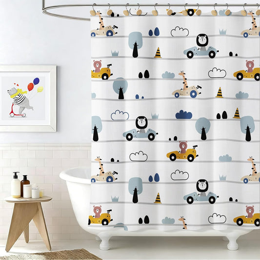 Sunlit Funny Car Race Fabric Kids Shower Curtain, Cute Cartoon Animal Drivers with Giraffe, Lion & Bear, Fun Road Trip Theme Bathroom Decor for Boys and Girls, 72 x 72 Inches