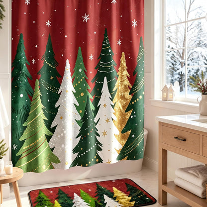 Sunlit Red Christmas Shower Curtain, Christmas Pine Tree with Snowflakes Fabric Shower Curtain, Festive Winter Bathroom Decor, 72" x 72"